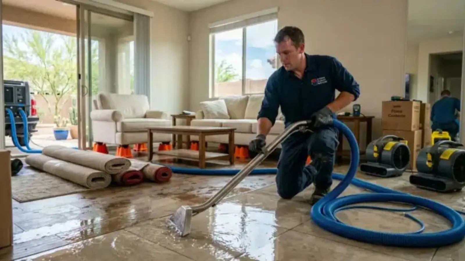 Technician extracting water from a living room floor with air movers running in a flooded home